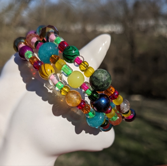 JASPER Crystals Bracelet Blue Opal Glass Beads Handmade Colorful Cute Sparkly - Picture 13 of 15